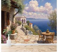 Tzxztt Village Terrasse Allée Pavée Fleurs Vue Sur La Mer Papier Peint 3D Moderne Soie Texturée Haut De Gamme Idéal Pour Le Salon Et La Chambre à Coucher-350cm×256cm