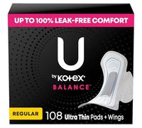 U by Kotex Balance - Lot de 108 coussinets ultra fins avec ailettes, absorption régulière, (6 paquets de 18) (l'emballage peut varier)