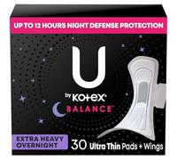 U by Kotex Balance - Lot de 30 serviettes de nuit ultra fines avec ailettes, très absorbantes (l'emballage peut varier)