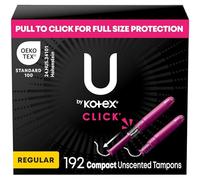 U by Kotex Click - Lot de 192 tampons compacts, absorption régulière, non parfumés, (6 paquets de 32) (l'emballage peut varier)