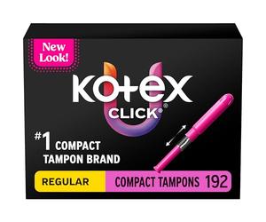 U by Kotex Click - Lot de 192 tampons compacts, absorption régulière, non parfumés, (6 paquets de 32) (l'emballage peut varier)