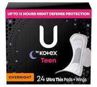 U by Kotex Lot de 24 serviettes de nuit ultra fines avec ailettes pour adolescents (l'emballage peut varier)