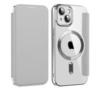 U.DARELIKE Coque à Rabat pour iPhone 14 Compatible avec MagSafe Etui Folio Cuir PU avec TPU Arrière Transparente Emplacements de Cartes Housse de Téléphone pour iPhone 14 Gris
