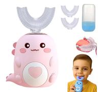 U Shaped Toothbrush, Lulabini Toothbrush Cleans All Their Teeth At Once, Dinobrush 360 Kids Ultrasonic Teethbrush With 4 Brush Head, Silent, 360° Full Mouth Cleaning (PINK)