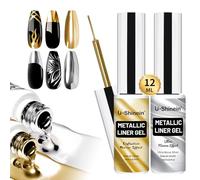 U-Shinein 2x12ml Metallic Gold & Super Silver Chrome Gel Liners Nail Art | Mirror Chrome Finish, Fine Line Painting Drawing Gel, Build-in Thin Brush, UV Curable Nail Art Paint, Gold & Super Silver Set