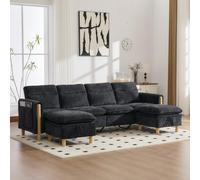 U-Sofa Salon modulaire chenille noir avec tabourets de rangement | Design généreux avec pieds de table en bois, idéal pour le salon et la salle familiale