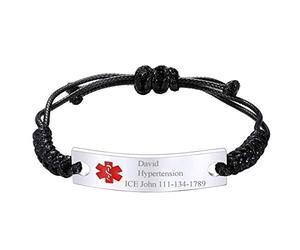 U7 Bracelet Alerte Médicale Femme Personnalisé Chaîne Corde Tressé Noir Ajustable et Plaque Acier avec Signe Sos d'Urgence Bijoux Accessoire des Patientes Allergie