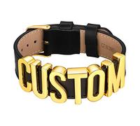 U7 Bracelet Cuir Femme Personnalisable Punk 19mm Chaîne Noir à Personnaliser avec Charmes Plaqué Or - Lettre Initaile/Chiffre/Signe Dorée pour Nom Prénom