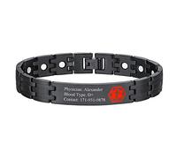 U7 Bracelet Médical Personnalisé pour Allergie Gourmette Acier Noir Aimanté 21cm Réglable Signe Alerte Rouge Sos d'urgence Bijoux Accessoire des Patients Seniors