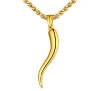 U7 Collier Homme Plaqué Or Jaune Chaîne avec Pendentif Corne Italienne Porte Bonheur