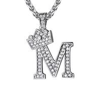 U7 Collier Iced Homme Initiale Plaqué Or Blanc Pendentif Lettre M Or Blancné de Zircon Cubique Chaîne Spiga Ajustable 3mm/55cm