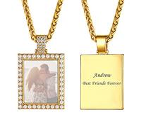 U7 Collier Photo Personnalisé Homme Plaqué Or Hip Hop Pendentif Rectangle Ice Out Personnalisable + Chaîne 3mm en Acier Doré