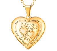 U7 Femme Collier Médaillon pour Photo Plaqué Or Jaune Chaîne Pendentif Ouvrable avec Double Coeurs et Branches
