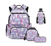 Uacyareni Ensemble sac à dos 4 en 1 pour école primaire avec boîte à déjeuner, trousse à crayons, sac à bouteille d'eau pour filles et garçons, Étoiles de chat violettes, Sac à dos tyrolien