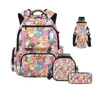Uacyareni Ensemble sac à dos 4 en 1 pour école primaire avec boîte à déjeuner, trousse à crayons, sac à bouteille d'eau pour filles et garçons, Donuts pour chatons, Sac à dos tyrolien