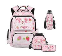 Uacyareni Ensemble sac à dos 4 pièces pour filles et garçons avec boîte à déjeuner, trousse à crayons, pochette pour bouteille d'eau, Mochilas Escolares Para Niñas, Axolotl aux fraises douces, Sac à