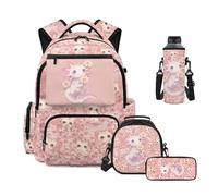 Uacyareni Ensemble sac à dos 4 pièces pour filles et garçons avec boîte à déjeuner, trousse à crayons, pochette pour bouteille d'eau, Mochilas Escolares Para Niñas, Axolotl Daisy Cherry Blossom, Sac à