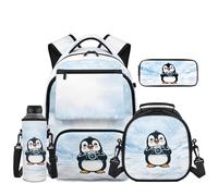 Uacyareni Ensemble sac à dos d'école primaire 4 en 1 pour filles avec boîte à déjeuner, trousse à crayons, pochette pour bouteille d'eau, Pingouin de dessin animé., Sac à dos tyrolien