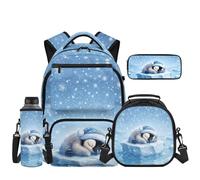 Uacyareni Ensemble sac à dos d'école primaire 4 en 1 pour filles avec boîte à déjeuner, trousse à crayons, pochette pour bouteille d'eau, Pingouin endormi, Sac à dos tyrolien