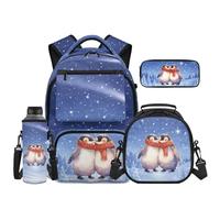 Uacyareni Ensemble sac à dos d'école primaire 4 en 1 pour filles avec boîte à déjeuner, trousse à crayons, pochette pour bouteille d'eau, Couple de pingouins bleus, Sac à dos tyrolien