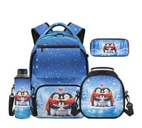 Uacyareni Ensemble sac à dos d'école primaire 4 en 1 pour filles avec boîte à déjeuner, trousse à crayons, pochette pour bouteille d'eau, Famille de pingouins, Sac à dos tyrolien
