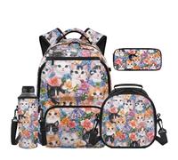Uacyareni Ensemble sac à dos et boîte à déjeuner 4 en 1 pour filles pour école primaire 6-8 8-10 8-12 ans, Collage floral chaton, Sac à dos tyrolien