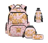 Uacyareni Ensemble sac à dos et boîte à déjeuner pour filles de 6 à 8 ans, 8 à 10 ans, 10 à 12 ans, avec trousse à crayons, housse pour bouteille d'eau, motif Mochila de Niña, Happy Capybara, Sac à