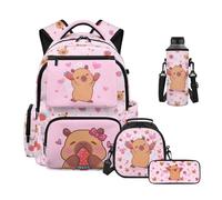 Uacyareni Ensemble sac à dos et boîte à déjeuner pour filles de 6 à 8 ans, 8 à 10 ans, 10 à 12 ans, avec trousse à crayons, housse pour bouteille d'eau, motif Mochila de Niña, Capybara Fraise, Sac à