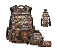 Uacyareni Sac à dos d'école pour filles et garçons, ensemble de 4 pièces avec boîte à déjeuner isotherme, sac à dos pour collège, Drapeau américain cerf, Sac à dos tyrolien