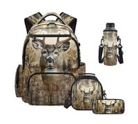 Uacyareni Sac à dos d'école pour filles et garçons, ensemble de 4 pièces avec boîte à déjeuner isotherme, sac à dos pour collège, Chasse au camouflage de cerf, Sac à dos tyrolien