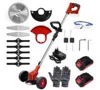 Uadme Coupe Bordure Sans Fil avec Batterie, Debroussailleuse Electrique 21V avec Roues, 2 Batteries 1.5Ah, 3 Type Lames, Poignée Réglable, Tube Télescopique, Tête Pivotante 90° pour Jardin Élagage