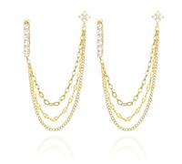 UAIAGM Ensemble de boucles d'oreilles pendantes en or avec 3 chaînes connectées pour oreilles percées, boucles d'oreilles créoles pour femme - Deux trous - Fleur à tige et chaîne