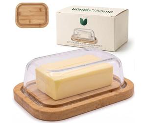 uandu Beurrier en verre et bambou - Couvercle en verre borosilicate avec fond en bambou certifié FSC - Cloche à beurre hermétique pour 250 g de beurre - Beurrier cadeau