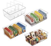 Uandu Organisateur Frigo Lot de 4 Bacs de Rangement avec 4 Compartiments - Boîte Rangement Frigo Transparent Sans BPA pour Canettes, Snacks, Épices & Sachets de Thé - Empilable
