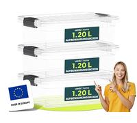 uandu Petite Boîte de Rangement avec Couvercle de 1.2L, Lot de 3 boites empilables, Sans BPA, Buanderie, Bureau, Transparent, Boîtes à vêtements empilables, pour Chambre, Dressing, Bureau