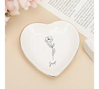 UanMere Plateau en céramique blanche avec fleur de naissance - Cadeau de Saint-Valentin pour mariée, maman, Madame - En forme de cœur - 10,2 cm - Blanc