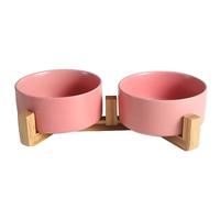 Uanqfegy Bols en céramique pour Chiens, Ensemble de Bols de Nourriture et d'eau pour Animaux Compagnie 395ml-avec Support en Bois antidérapant, Plat surélevé pour Chiens et Chats