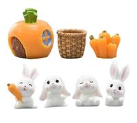 Uanqfegy Figurines de Lapin Miniatures, décor en résine 7 pièces/Ensemble-avec Panier en Paille pour Jardin féerique, Maison de poupée, Artisanat pâques