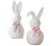 Uanqfegy Lot de 2 Figurines de Lapin en céramique, Figurines Lapin Pâques avec nœud Mignon, Sculpture Petits Lapins pour décoration Table fête Printemps, 11, 4 cm