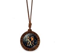 UBBVPKY Collier 12 Constellations Pour Femmes Et Hommes - Pendentif Rond En Bois Et Corde Cirée Signe Du Zodiaque Chaîne De Pull Bijoux Astrologique Horoscope Gémeaux