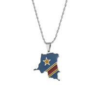 UBBVPKY Collier Avec Pendentif Carte Et Drapeau De La République Du Congo Pour Homme Et Femme Style Rétro Chaîne De Clavicule Style Ethnique Bijoux Uniques Cadeaux Blanc 60 Cm