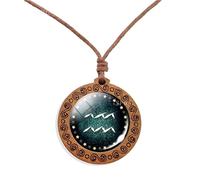 UBBVPKY Collier Avec Pendentif En Cuir Ciré Tressé En Bois Et 12 Constellations Du Zodiaque Bijou D'Astrologie Céleste Pour Femme Et Homme Cadeau D'Anniversaire Pour Verseau