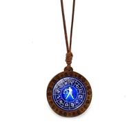 UBBVPKY Collier Du Zodiaque Pour Femmes Et Hommes Pendentif Rond En Bois Ciré Avec Corde Chaîne De Pull Signe Astrologique Constellation Collier Bijoux D'Anniversaire Cadeau Balance