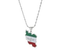 UBBVPKY Collier Tendance Avec Carte De L'Iran Pour Homme Et Femme Pendentif Rétro Ethnique Drapeau Alphabet Chaîne De Clavicule Bijoux Hip-Hop Classiques Cadeau De Fête Blanc 60 Cm