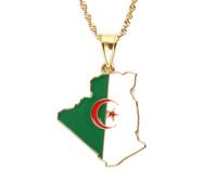 UBBVPKY Collier Tendance Avec Pendentif Carte De L'Algérie Pour Homme Et Femme Style Rétro Ethnique Drapeau Alphabet Chaîne De Clavicule Bijoux Hip-Hop Cadeau De Fête Jaune 60 Cm