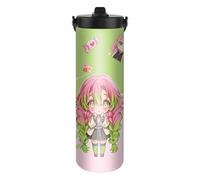 UBBY Demon Slayer Bouteille d'eau en acier inoxydable 590 ml - Bouteille de sport pliable en acier inoxydable avec paille - Design amusant de caricature pour voyage, travail, gym, sports (rose)