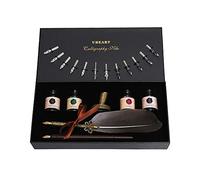 UBEART Kit de calligraphie comprenant un stylo en bois antique, un stylo plume plume, 14 plumes, 4 flacons d'encre, un porte-stylo et des instructions de calligraphie, parfait pour les débutants et
