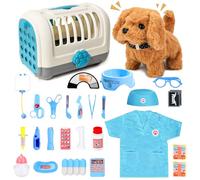 UBeesize Ensemble de 31 pièces de valise médicale pour enfants avec chien électrique jouet qui marche et aboie, chien interactif avec véritable stéthoscope, thermomètre pour jouet de vétérinaire