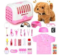 UBeesize Ensemble de 31 pièces - Mallette de médecin pour enfants avec chien électrique jouet qui marche et aboie, chien interactif avec véritable stéthoscope, thermomètre pour jouet de vétérinaire