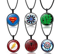 Ubephant Ensemble De Collier Anime - Iron Man Tony Stark Réacteur, Hulk, Spider - Verre Incurvé Convexe Rond Pendentif - 6 Pièces pour Les Fans
